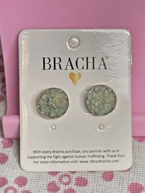 Bracha Mint Druzy Round Stud Earrings with Gold Trim